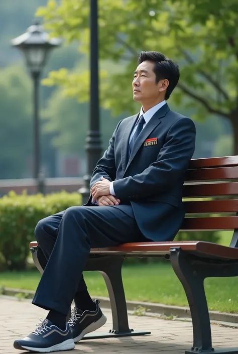 A handsome Korean mature man in a high school uniform sitting in the school park with neat hair wearing sneakers 