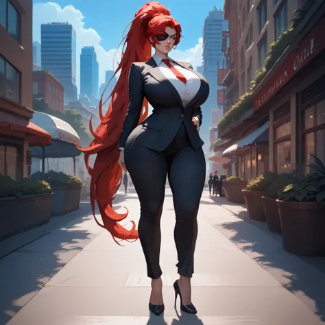 1girl, detailed face, detailed eyes, red hair, long ponytail, grey eyes, serious, eyepatch, huge breasts, huge ass, black suit, business suit, red necktie, pants, full body, outdoors, city