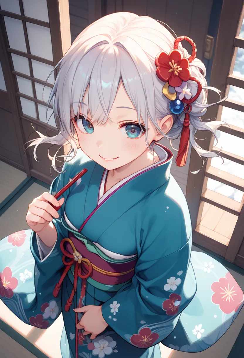 masterpiece, best quality, score_9, score_8_up, girl, petite, smile, kimono, from above,