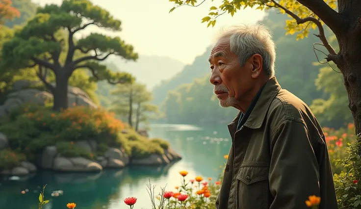 Give me an older Korean man next to the image on the right side thinking of a square full of nature 