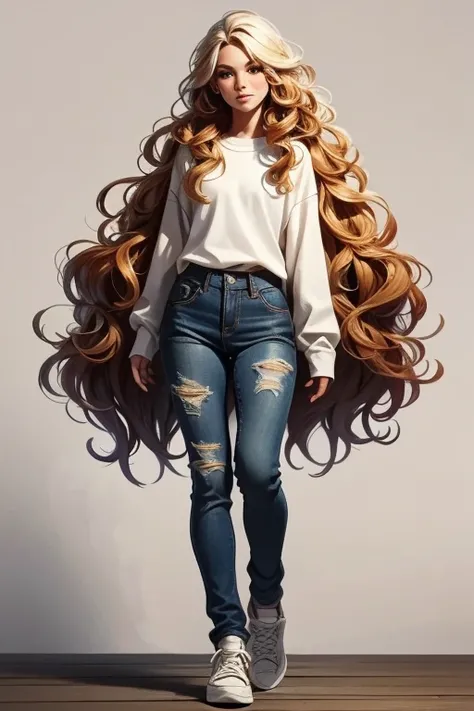 front image, character concept art,  white background,  full body ,  realistic drawing, standing, A high school ,  long wavy golden hair ,  thin white long sleeve shirt , jeans and black sneakers, ************, extremely beautiful, reclusive and introverte...