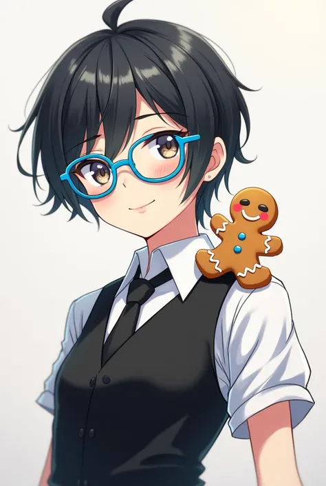  Anime character wearing a black vest black tie short hair messy wearing blue glasses,there is a gingerbread on his shoulder ,look cool 