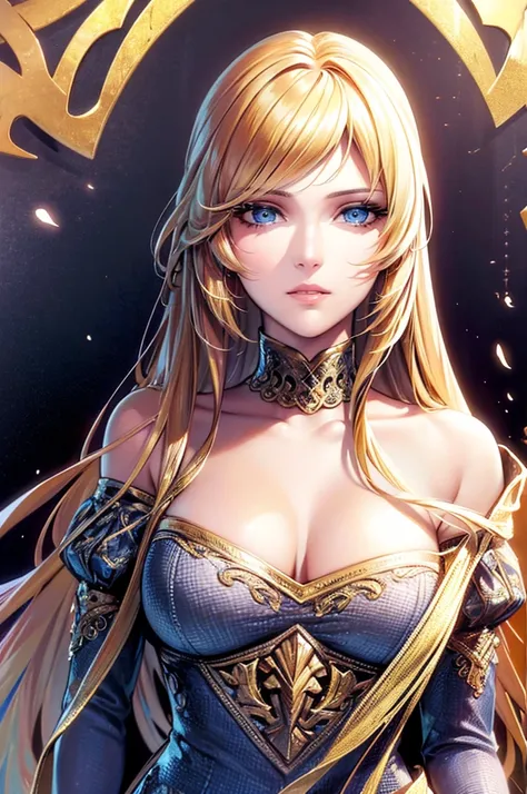 [art, ultra graphic, detailed image, 4k, 32k] image focused on the characters face, character looking at the viewer, a maiden, golden hair and deep blue eyes, full lips and incredibly beautiful face, confident expression on the face, detailed eyes