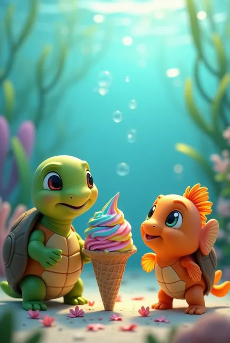 Turtle and fish eating ice cream