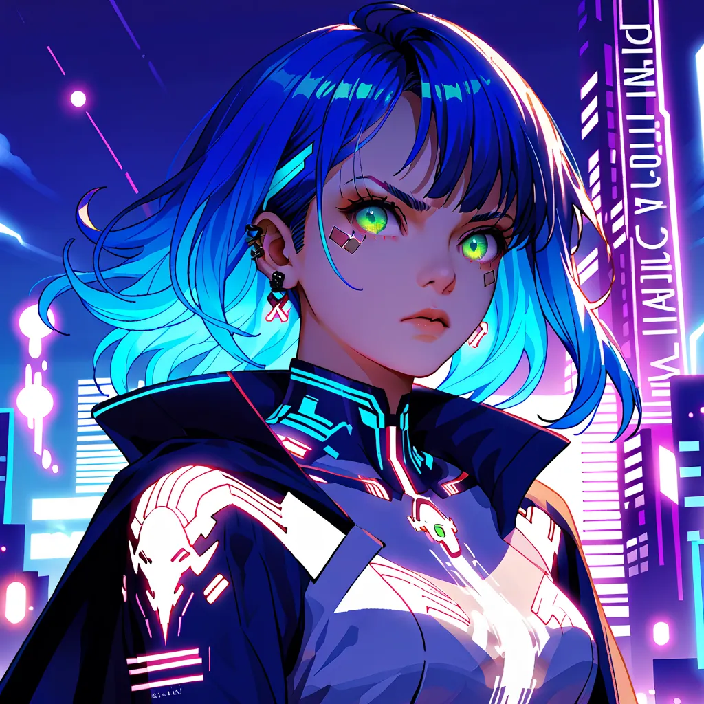 anime. create a breathtaking, dynamic scene of a mystical, cyberpunk cityscape at dusk, with a bold, striking female protagonist...