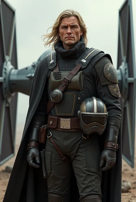  hand me a man with long blond hair wearing a uniform of "piloto de tie fighter"  with the helmet under the arm on the right and a  "Tie interceptor "  in the background of the image  