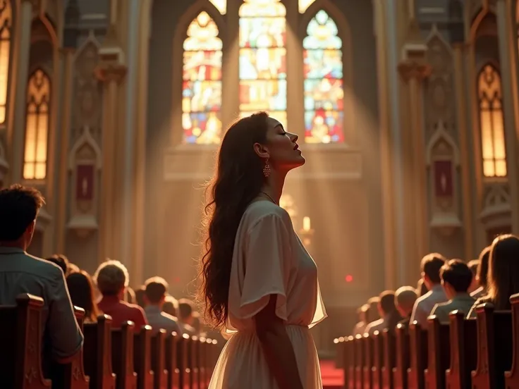  Realistic woman , beautiful, Singing in an evangelical church