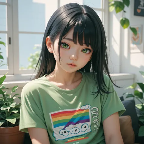 Young Asian teen handsome Korean idol black hair green eyes wearing rainbow t-shirt