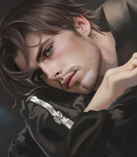 Full body portrait . Illustration Realistic image. digital art.  Aesthetic image , romantic.  Attention to detail ,  detailed image . He poses half a profile , Front focus. A stocky man , I bet,  lying on the edge of a bed ,  resting his face on his crosse...