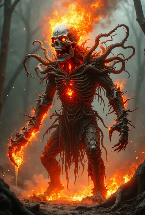 Head and Face:
The face is dominated by a fiery skull, much like Ghost Riders, but encased in twisted roots and branches that shift and writhe like living tendrils. The eye sockets burn with an intense orange glow, and its mouth releases plumes of smoke an...