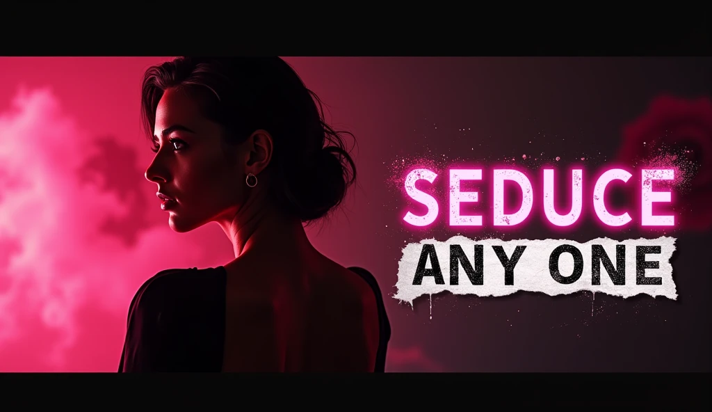 Design a bold, eye-catching YouTube thumbnail titled "Seduce Anyone" that exudes mystery and allure, enhanced by a trendy torn paper effect on the text for added visual intrigue. Place a confident, attractive showing her back and her face giving a horny vi...