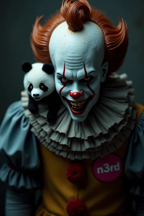 Close-up on an evil clown
P
Holding a magnificent badge "N3RD " 
And a panda holding it on his shoulder 