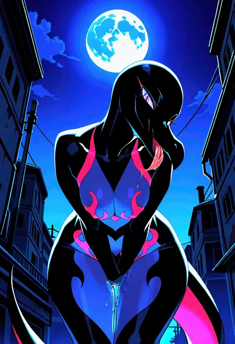 uploaded on e621, (katahane3), explicit content, solo, salazzle, pokemon, scalie, black body, thick thighs, tail, hidden breasts, areola, evil smile, vicious, seductive, looking at viewer, night sky, post-apocalypse, crumbling medieval city on background, ...