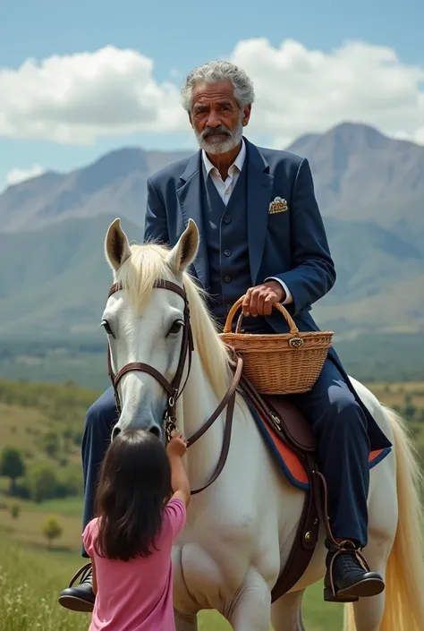 I need a 78-year-old man , delgado, high,  brown eyes, upturned nose, mustache, Face with wrinkles,  short curly gray hair ,  black shoes, navy blue suit , large buckle belt ,  dark skin test with vitiligo ,  on top of a large white horse handing a large w...