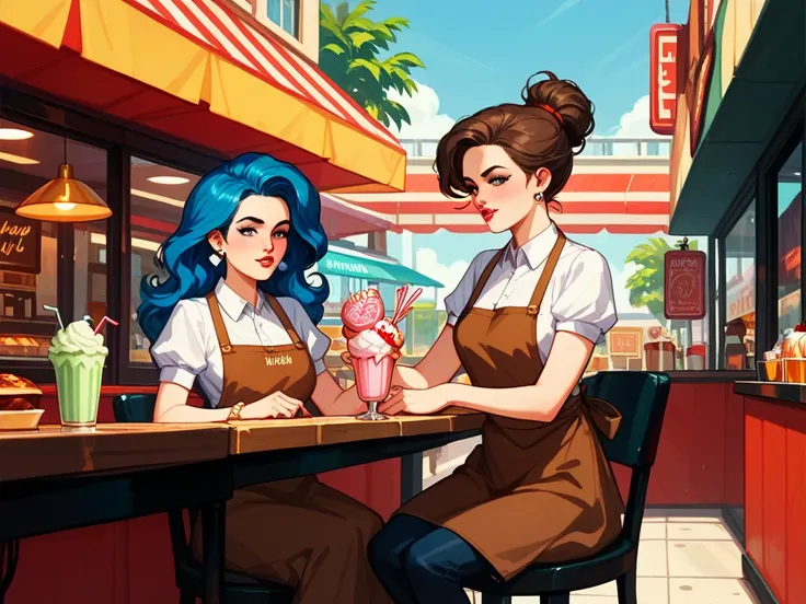 arrogant female, The hairstyle with a blue Franz Schubert curly hairstyle. brown apron.1950s Pin Up girl fashion. retro aestethic.diner. milkshake. in an 2D webtoon style.