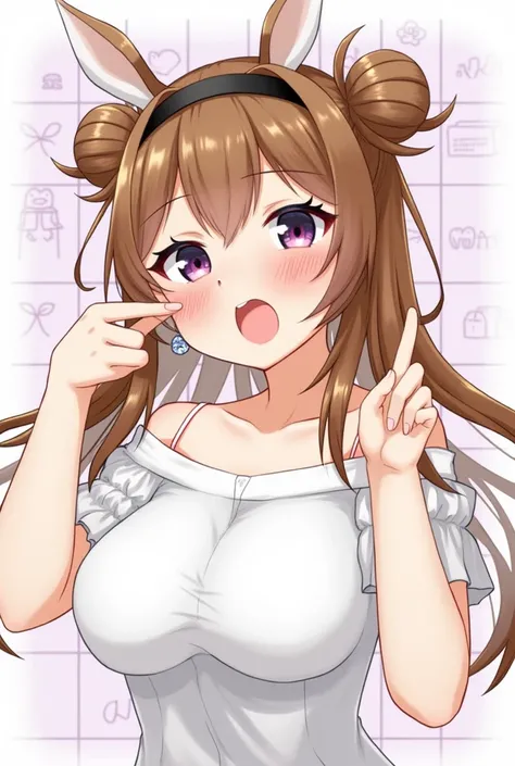 Long Hair, Brown Hair, Twintails, Hair Bun, Large breasts, Earrings, Fake Animal Ears, Rabbit Ears, Crystal Earrings, Blush, Smile, Grin, Surprised, Cheek Poking, Flustered, Naughty, Bust Chart, Jewelry, Black Hairband, Anime, Anime Style, 