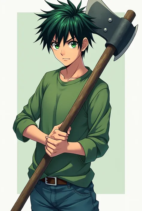  A young adult anime boy ,  black hair with green threads ,  green eyes , green shirt,  jeans,  black shoes , uses an axe