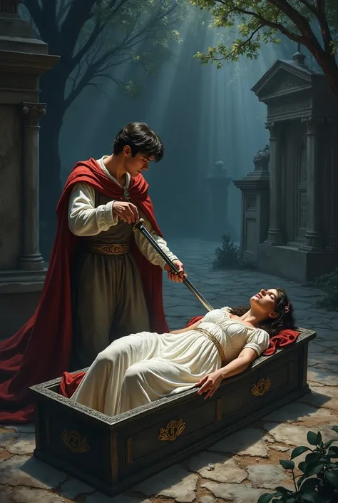 Romeo pierces his sword through Paris body in front of the coffin of Juliet who is dead but who appears in the image in the cemetery