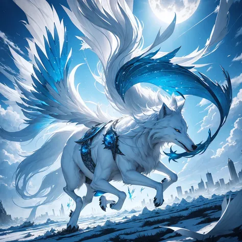 White wolf with blue rays running down its back and legs, with three very bright and large blue eyes, very detailed white feather wings with blue speed rays (Full body view), the landscape is a city above the sky with fluffy clouds, a city of celestial bei...