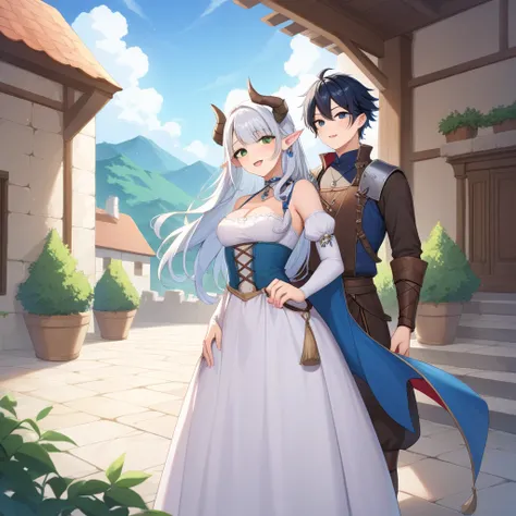 A boy with black hair and black eyes, approximately fifteen years old in medieval clothes and medieval clothes, with an elf boy of approximately fifteen years old with white hair and green eyes and a demi-human girl about sixteen years old with blue hair a...