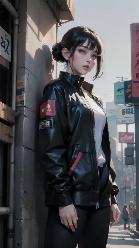 A woman is standing on a street corner ,  cyberpunk art by Yang J ,  trending Artstation ,  realism, artwork in the style of Gwaiz,  anime style. 8k, Gwaiz,  realistic anime 3d style ,  trending at cgstation , 🤤 Portrait of a Girl,  surreal cyberpunk style...