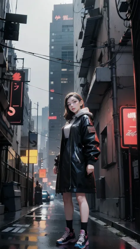 A woman is standing on a street corner ,  cyberpunk art by Yang J ,  trending Artstation ,  realism, artwork in the style of Gwaiz,  anime style. 8k, Gwaiz,  realistic anime 3d style ,  trending at cgstation , 🤤 Portrait of a Girl,  surreal cyberpunk style...