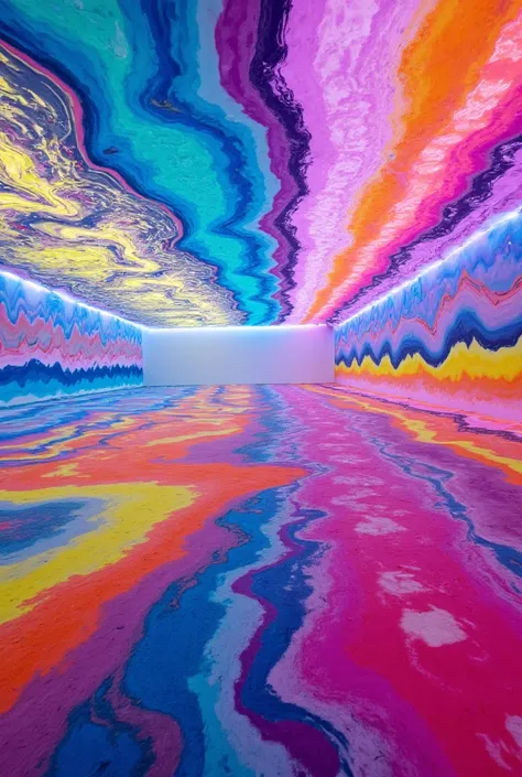 A single-stroke painting made with seven-color fluorescent paint, a large piece that covers an entire wall, and a pure white exhibition hall, ultra detailed, absolutely resolution, masterpiece