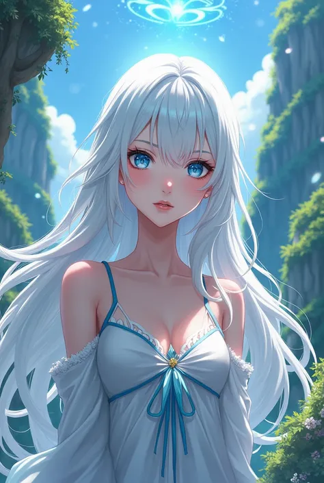 An anime image of a 20-year-old woman with white hair that sparkles in the sunlight and has a calm, cold face. In a fantasy world