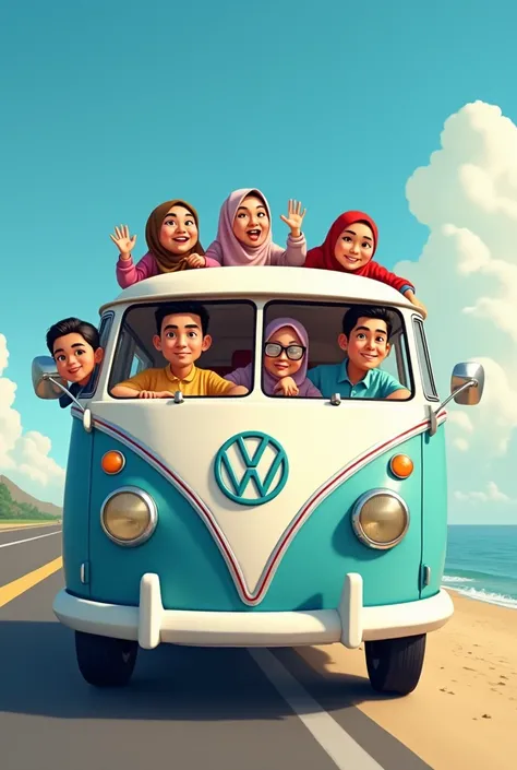 realistic caricatures, 3 Indonesian men, clean faces and short hair, without glasses. three Indonesian women wearing hijabs, riding in a classic light blue and white VW minibus, three men in front and three women behind them, cheerful faces, smiling thin, ...