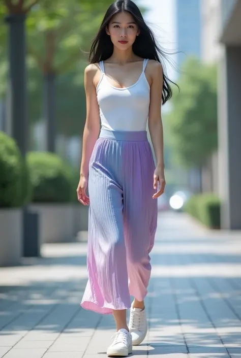 Cinematic photorealistic of a beautiful Asian woman with smooth white skin, perfectly groomed face, brown eyes, 38 inch breast size, long black hair flowing freely, walking like a model on the street, wearing white shoes , wearing a long clear white basic ...