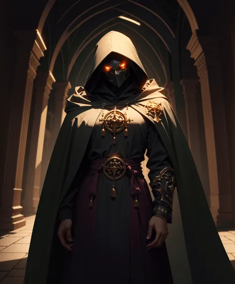 (Masterpiece: 1.2), (Best Quality), Detailed, UHD, Cinematic Lighting, Sharp Focus, (illustration: 1.1), Intricate, Cultist wearing dark roves with intricate arcane symbols, sinister, hooded robe, in a darkly eerie background.