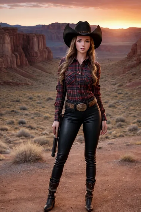 Photo, 8K, Super Detailed, ultra resolution , gifted young woman, full body legs and boots , wild west landscape, cowboy hat , fitted red and black checked shirt with a neckline., skinny jeans , skinny cowboy boots high heel , large leather belt, kanana wi...