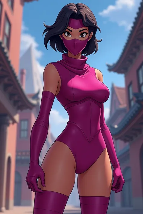 A woman with short dark hair wearing a magenta leotard with a low-cut leotard, magenta gloves, magenta thigh-high boots, and a magenta ninja mask covering her mouth in disney style 