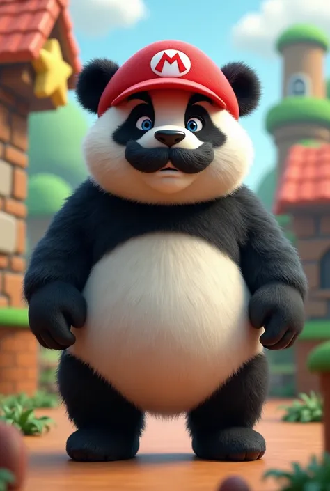  A panda that sounds like the super merio bros, Marios hat and mustache .