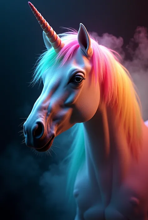 fantasy rainbow unicorn，Facial close-up enhancement，Ambilight，The colors are bright and bright，black background，mist，Meticulous portrayal，Rich details，imagination explosion，hyper-realistic，Super realistic，masterpiece，8k，light，Tyndall effect