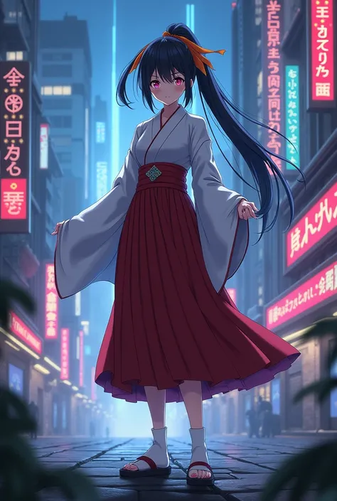 Create a cyberpunk wallpaper in front of Akeno Himejima with a traditional miko costume consisting of a white haori with loose sleeves, a red hakama and a pair of zōri with white tabi with long black hair that wears an orange ribbon that reaches up to two ...