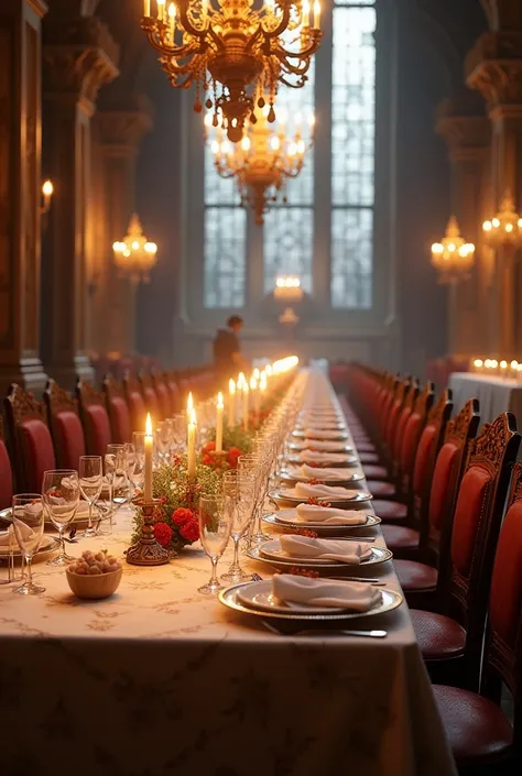 A banquet with a horizontal table and chairs ready to sit
