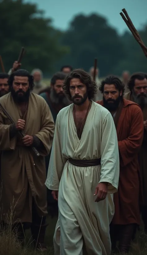  Create a young man , with a sad expression, From hair up to the middle of the neck , brown color and beard ,  dressed in white robes and long sleeves, What is he preaching to a group of men,  dressed in colored tunics  ,biblical times style, that they are...