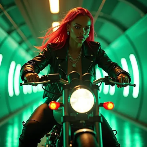 A cover for a new Rihanna album, Trap and dance pop style, a futuristic and sporty feel, he must be riding a motorbike in a tunnel, the lighting is green and the finish of the cover is a bit grainy,Rabo de cavalo, Cabelo cor-de-rosa, Brincos, Testa franzid...