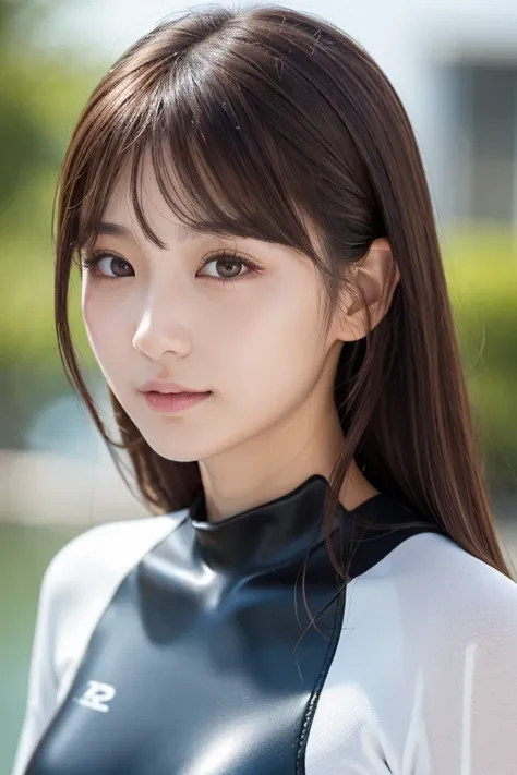  Photo of Attractive Japanese Woman ,  one girl playing pranks,  PERFECT BODY ,  high-definition face , Detailed lips,  beautiful eyes, double eyelid, (Rashguard Swimwear), ( wetsuit ),  light brown hair, Asymmetrical Hair,   asymmetrical bangs , My hair i...