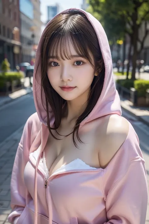 An innocent 20-year-old girl、((pink open-necked hoodie,Wearing a hood,Dramatic Pose)),smile,Shortcut,Park Background,RAW Photos, (8k、Best Quality、Masterpiece:1.2)、(Intricate details:1.4)、(Photorealistic:1.4)、Octane Rendering、Complex 3D rendering with ultra...