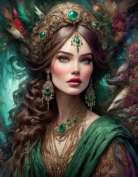 "Enchanting gypsy storyteller: a mesmerizing woman wrapped in layers of rich burgundy, emerald, and gold fabrics, exuding warmth and mystery: 8k resolution photorealistic masterpiece: influenced by the intricate artistry of Aaron Horkey and Jeremy Mann: ex...