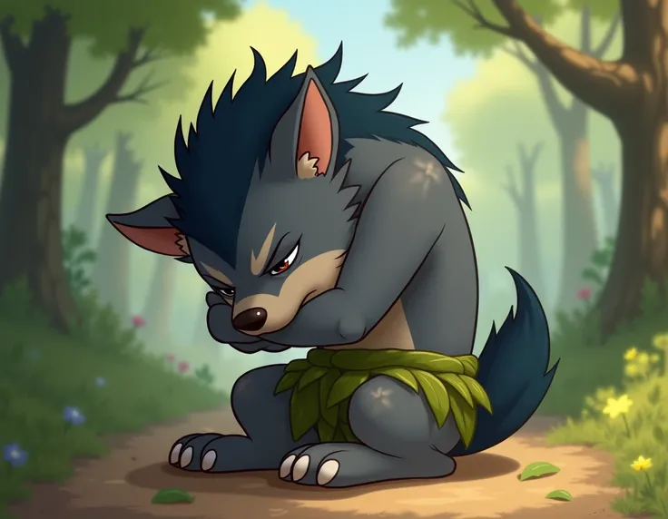 in 2D animation , a young gray werewolf  , ANTHROPOMORPHIC , that is, on two legs , in loincloths made of leaves  ,  the young werewolf is kneeling   , The wolf is young ,  so the wolf looks like a werewolf puppy about  ,  the wolf has a dark blue tuft of ...