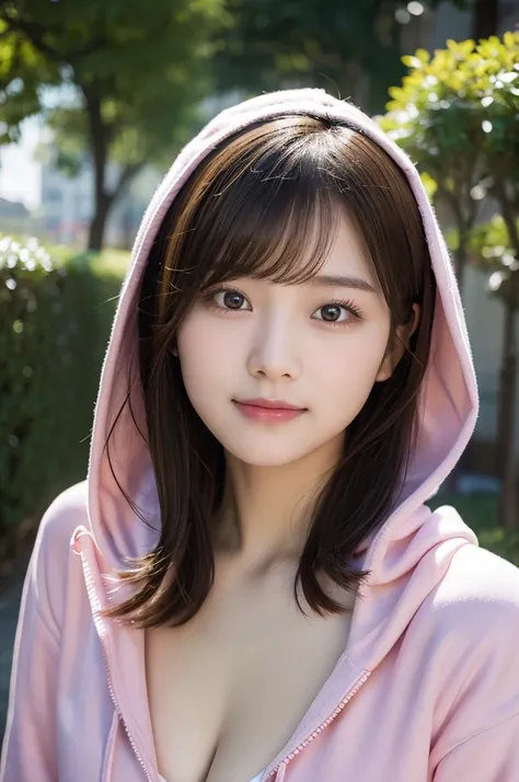 An innocent 20-year-old girl、((pink open-necked hoodie,Wearing a hood,Dramatic Pose)),smile,Shortcut,Park Background,RAW Photos, (8k、Best Quality、Masterpiece:1.2)、(Intricate details:1.4)、(Photorealistic:1.4)、Octane Rendering、Complex 3D rendering with ultra...