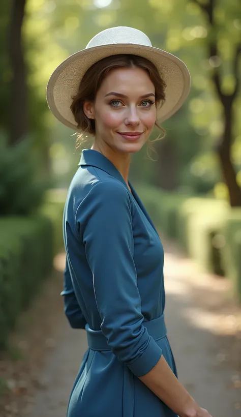 　Front view,Full body, on street ,  Rebecca Ferguson , smile, classic white hat, 1917 years old fashion, Chanel classic dress of blue Jersey cloths, hi-heal, in Paris park, noon, ( super detailed,   High Details  ,  High Quality , Accurate,  anatomically c...