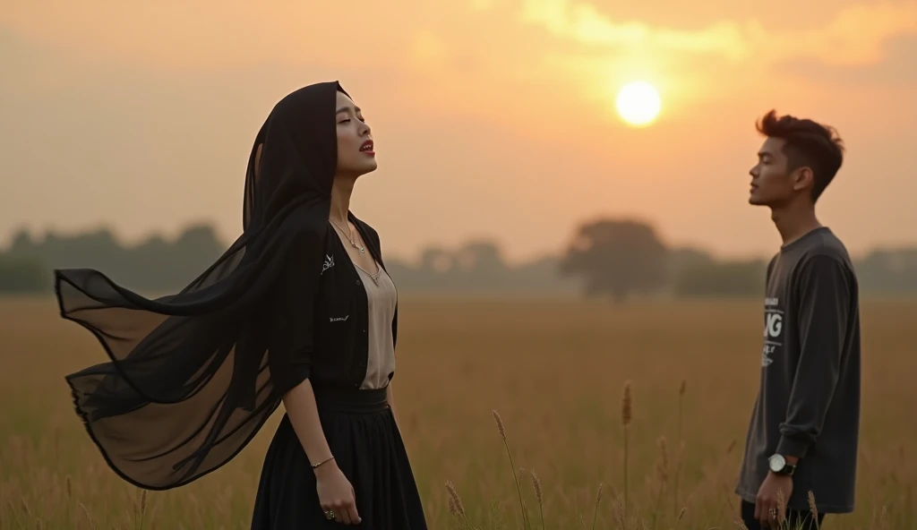 Prompt: A beautiful young Korean woman in a black hijab stands alone in the middle of a vast meadow, surrounded by the stunning beauty of nature with a sunset sky glowing in hues of orange, pink, and purple. Her black hijab flutters gently in the evening b...