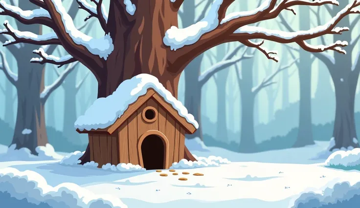 A snowy forest scene with a close view of maple tree whose branches are covered in snow. A small wooden house is nestled within the tree, designed to fit an owl, but no owl is present. The setting is serene and peaceful, capturing the quiet beauty of a win...