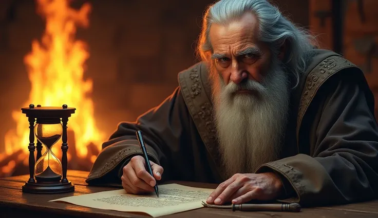 nostradamus, 60 years, with long gray hair and beards , writing your centuries on a scroll ,  while an hourglass marks the time next to you ,  and the environment is illuminated by a crackling bonfire in the background.