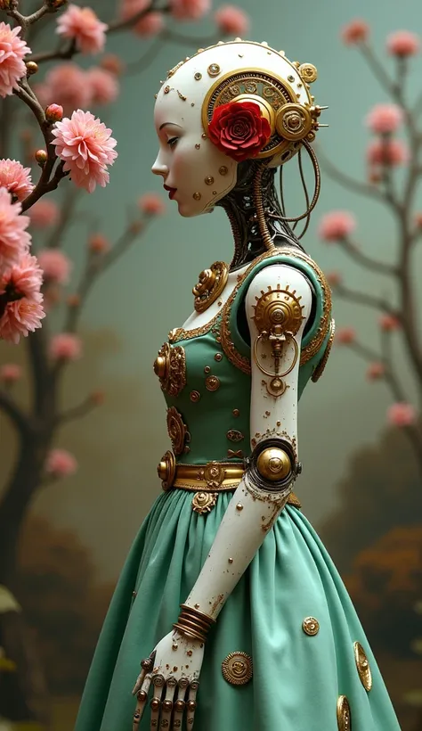 A highly detailed steampunk sculpture of a humanoid robot stands slightly to the right of center, facing left with its head tilted downward. The robot is dressed in an elaborate seafoam green dress adorned with intricate gold floral ornaments, gears, cogwh...