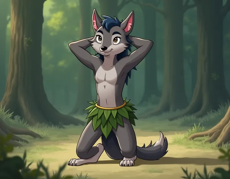 in 2D animation , a young gray werewolf  , ANTHROPOMORPHIC , that is, on two legs , in loincloths made of leaves  ,  the young werewolf is kneeling  , The wolf is young ,  so the wolf looks like a wolf puppy about  ,  the wolf has a dark blue tuft of hair ...